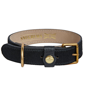 Luxury black leather hair on hide with brass hardware dog collar