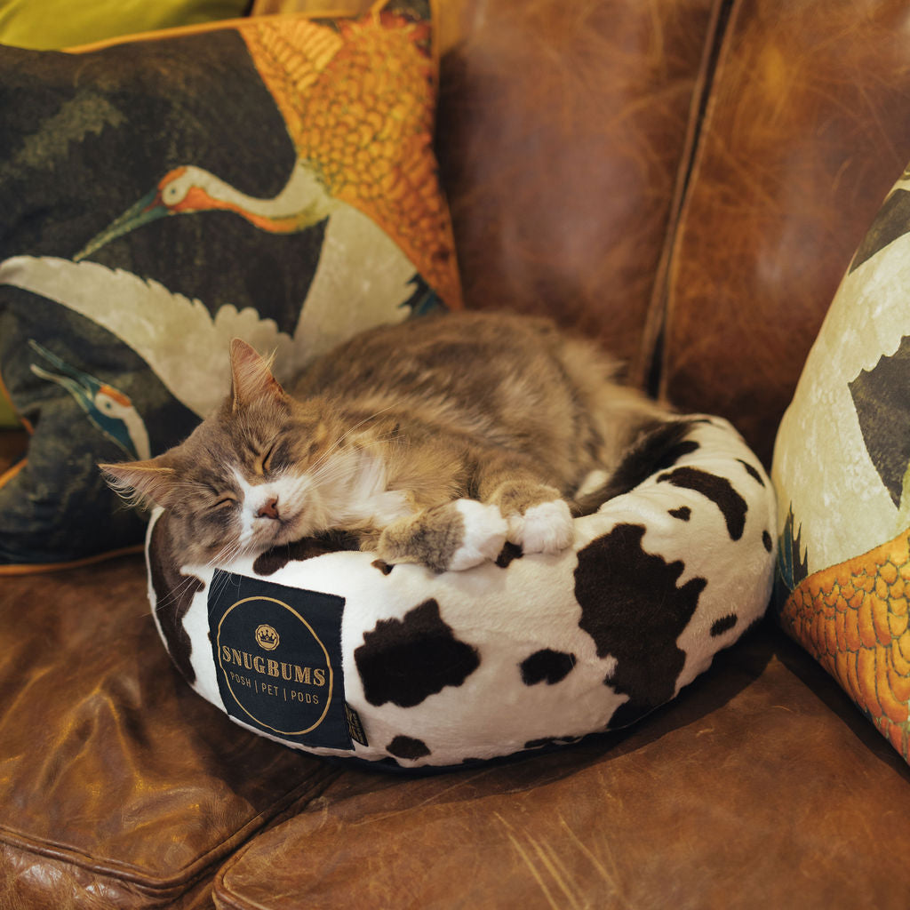 luxury cat bed cow print made in the UK